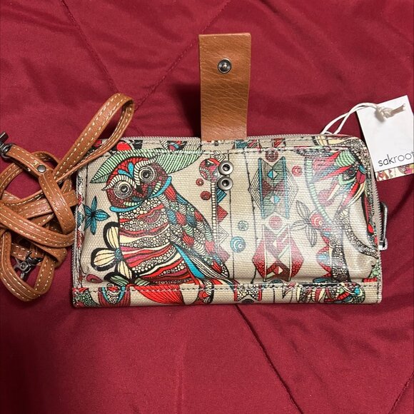 SAKROOTS Zip-Around Multicolor Owl Crossbody Card Wallet  NWT - Picture 2 of 8